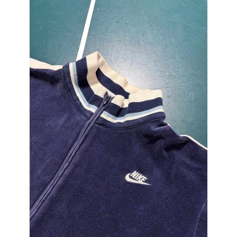 Vintage Nike Velour Tracksuit Womens M Blue Striped Jacket Pants Set Velvet Y2K